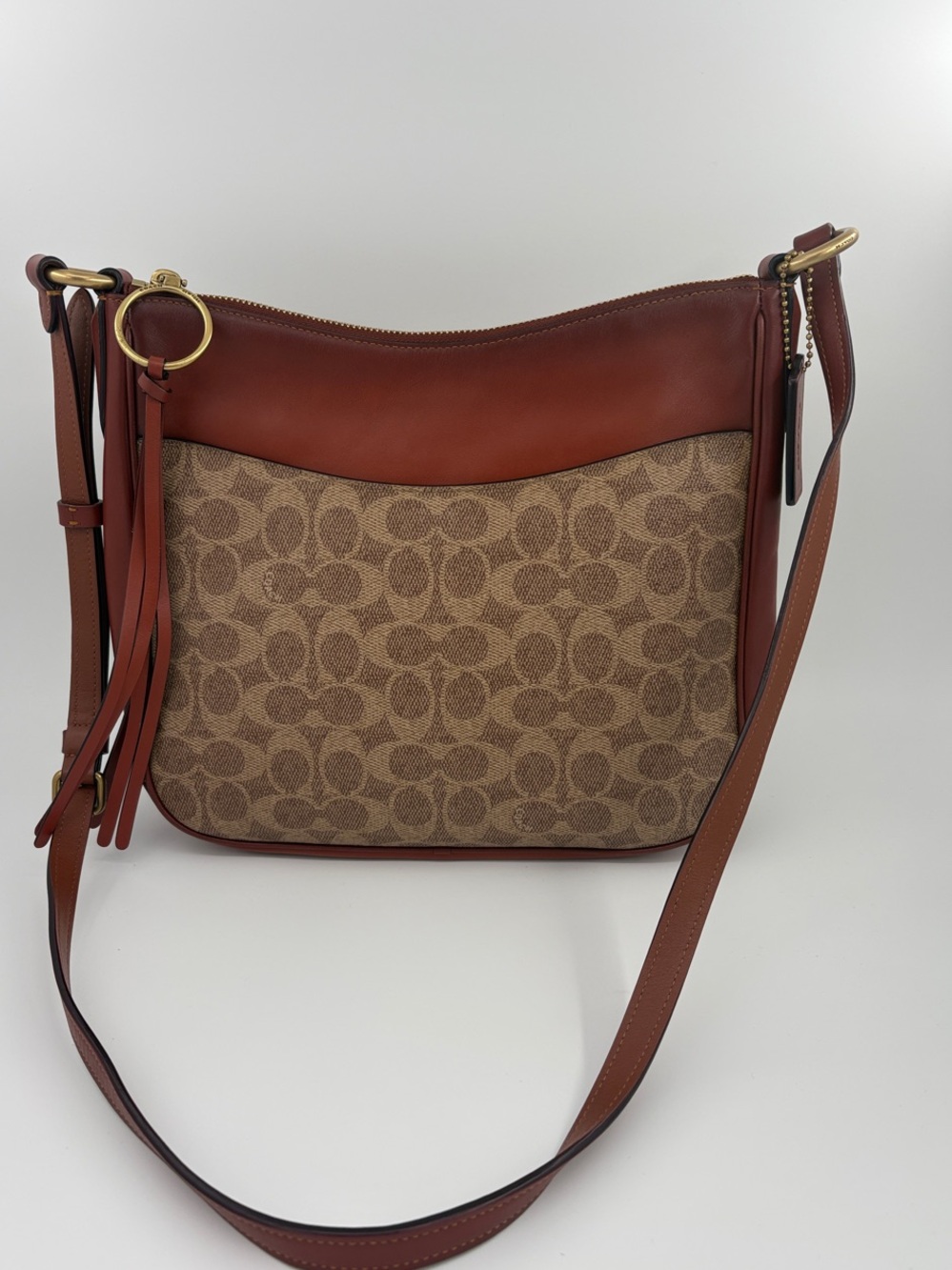 Coach Tan Signature Canvas and Chestnut Leather Crossbody